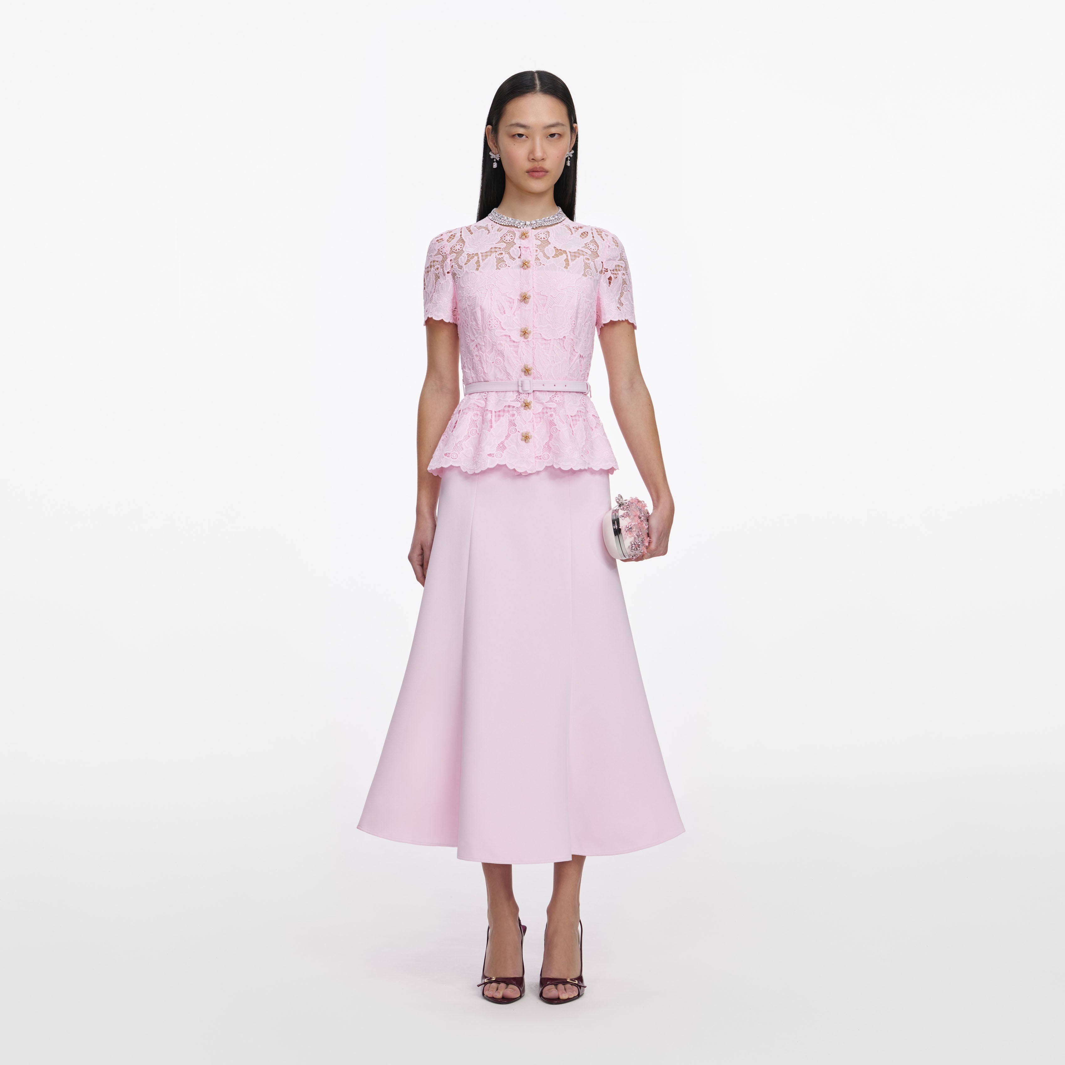 Pink Lace Crepe Midi Dress