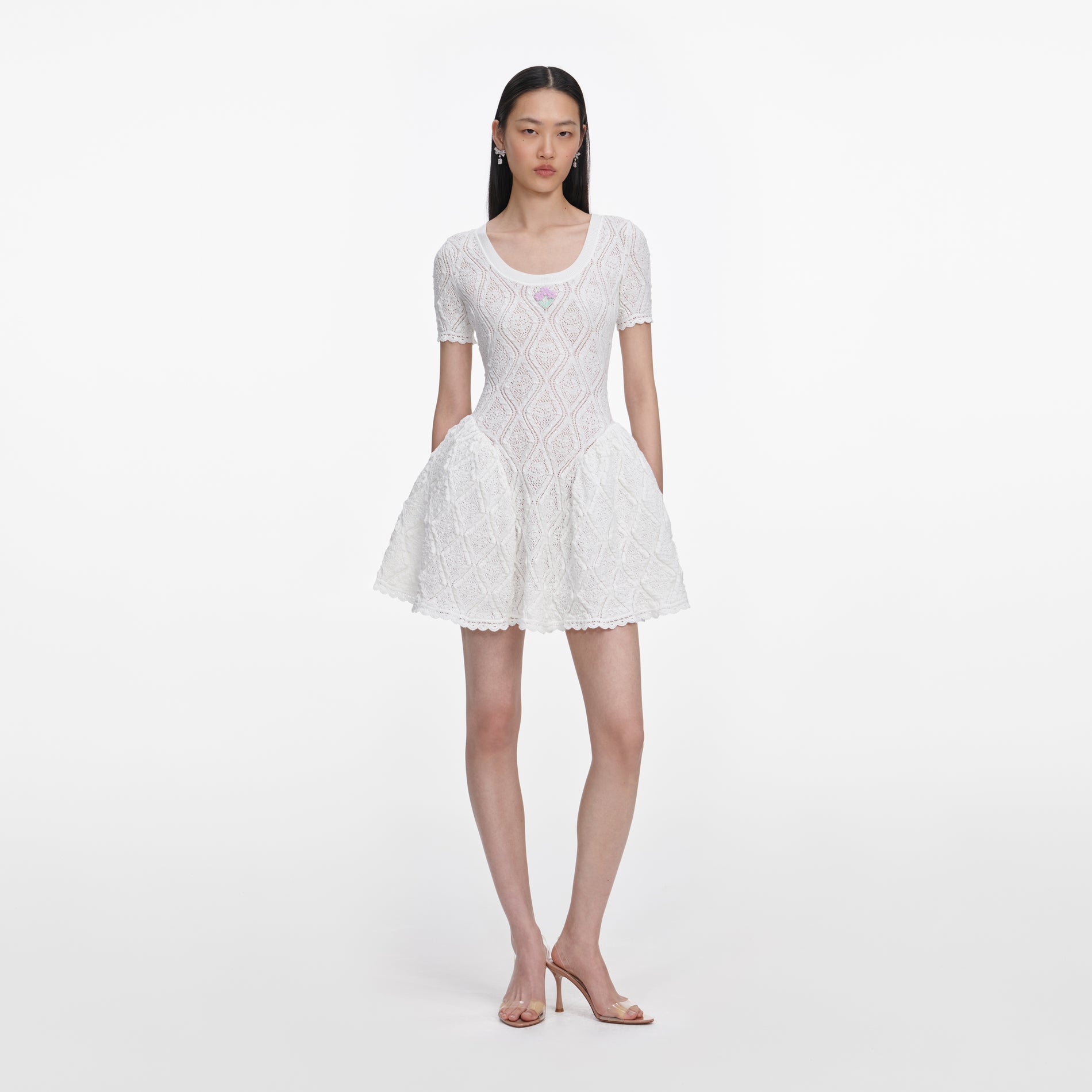 White Pointelle Knit Flared Mini Dress