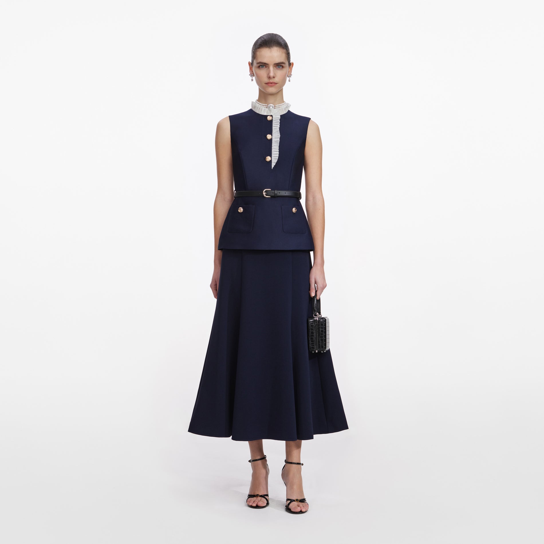 Navy Taffeta Contrast Frill Midi Dress