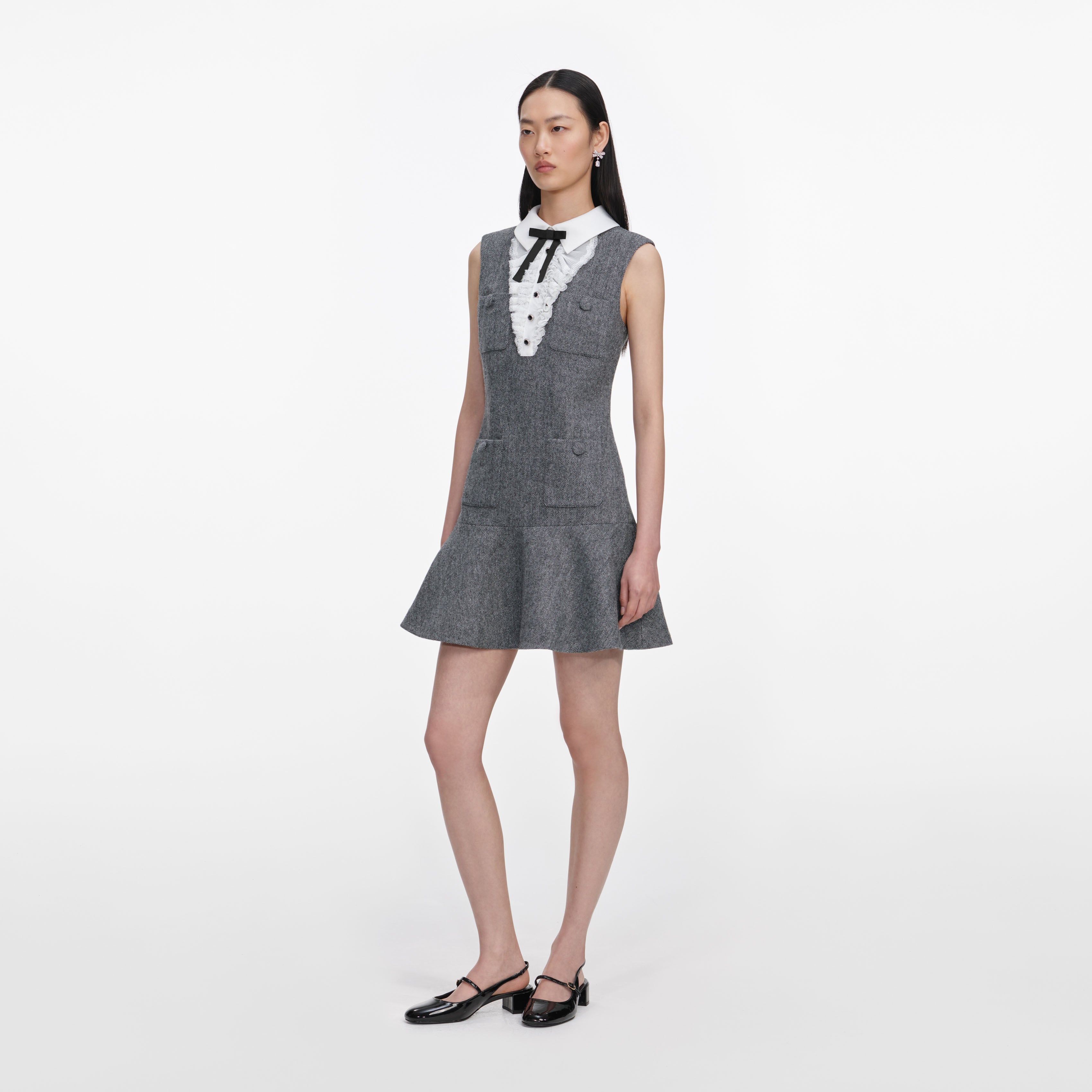 Grey Herringbone Lace Bib Mini Dress