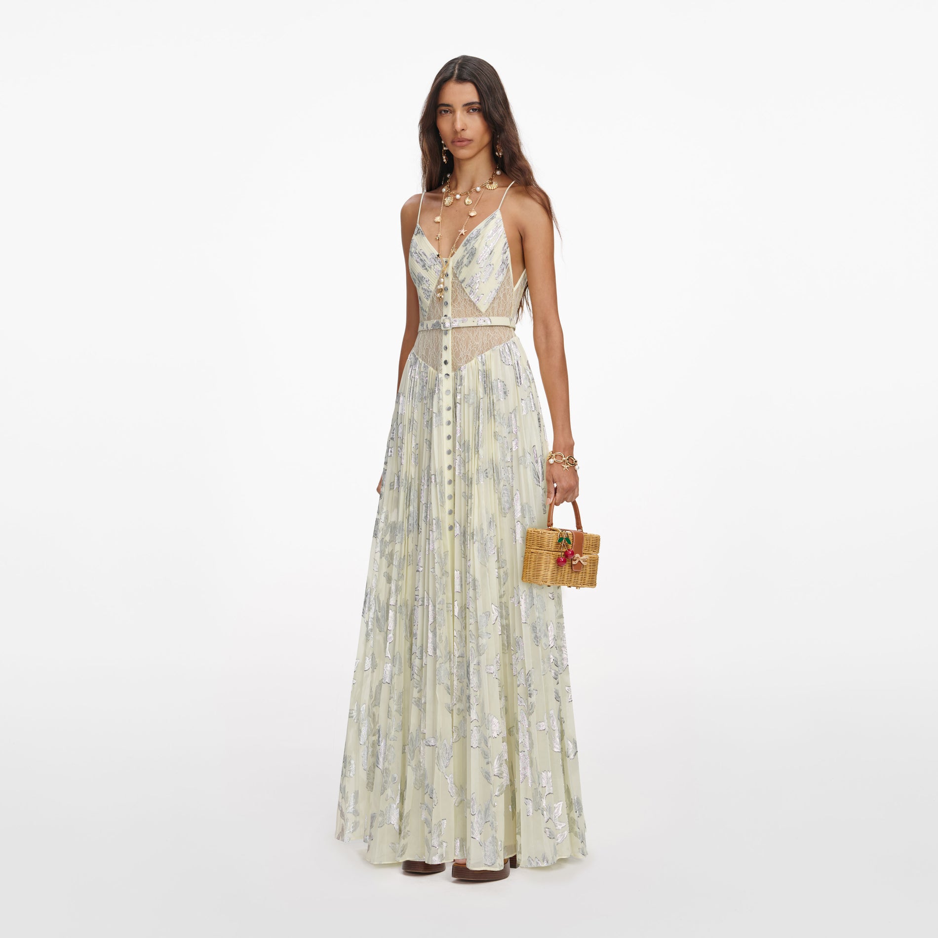 Yellow Metallic Chiffon Maxi Dress