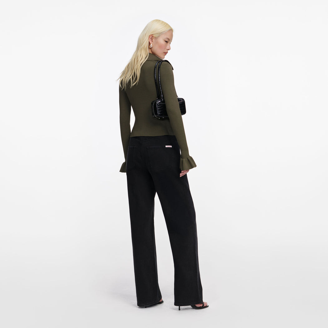 Back view of a woman wearing the Khaki Button Down Knit Top