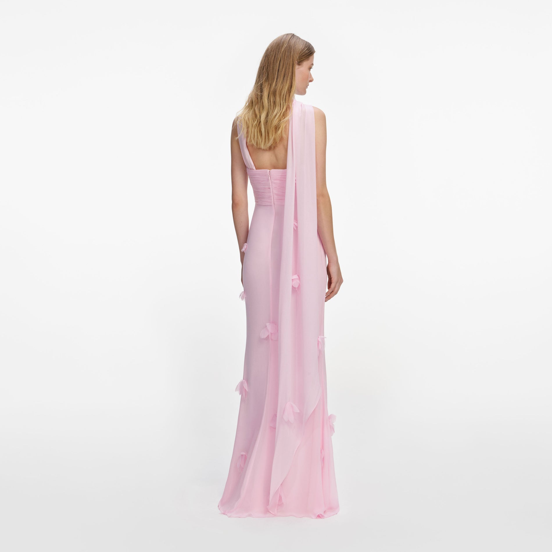 Back view of a woman wearing the Pink Georgette Scarf Maxi Dress