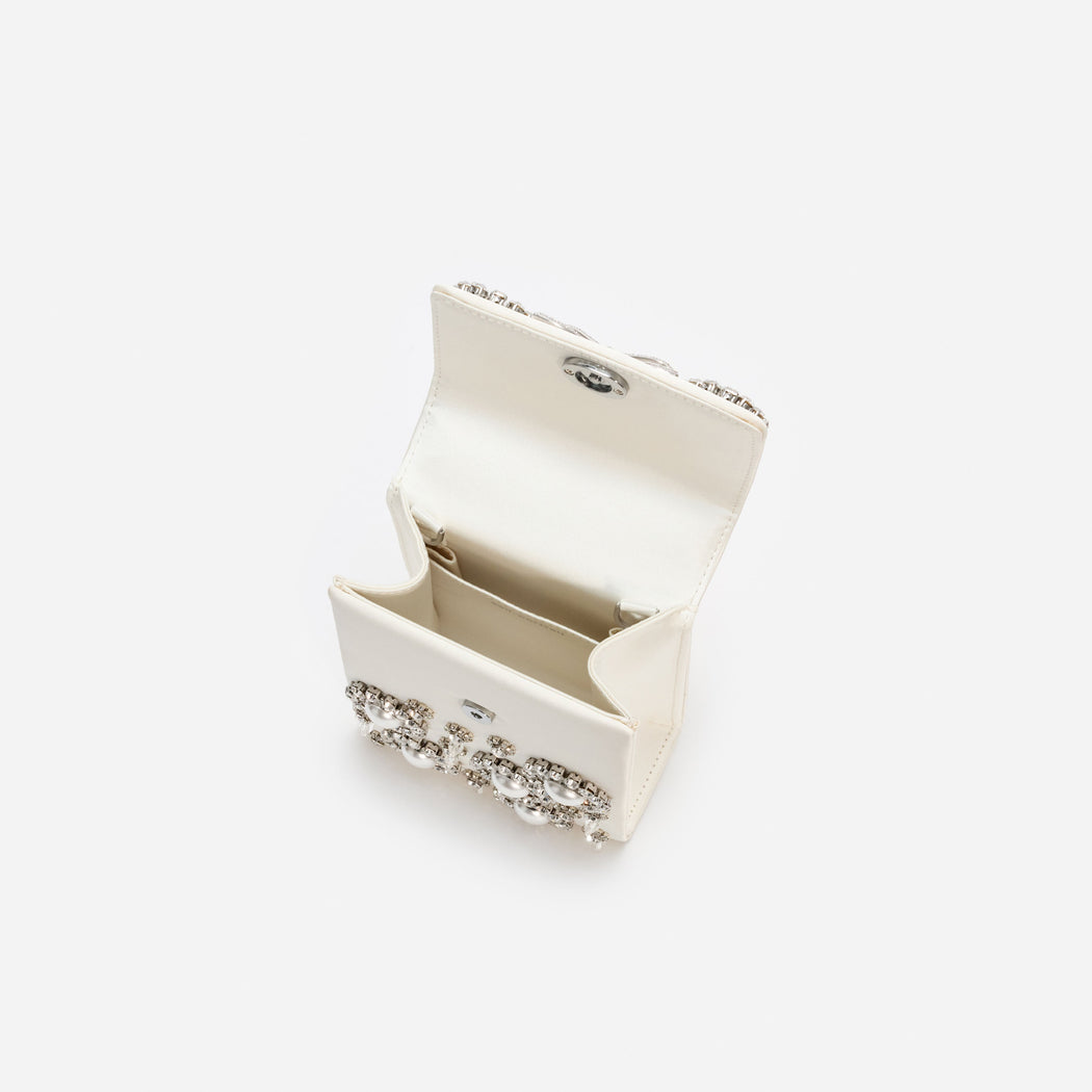Cream Satin Crystal Mini Bow Bag