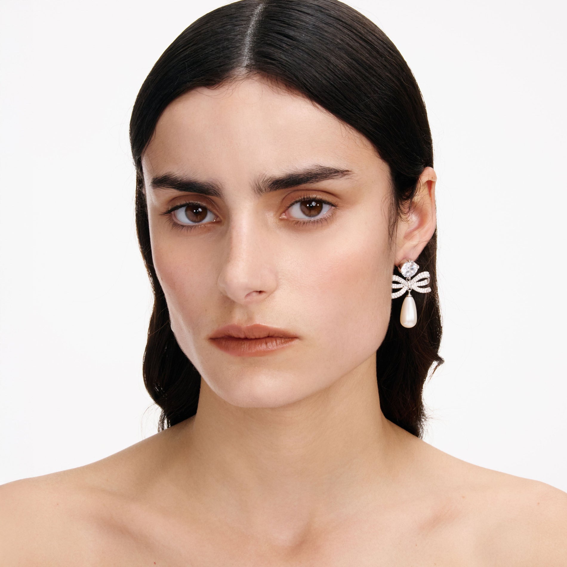 Crystal Bow Pearl Tiered Earrings