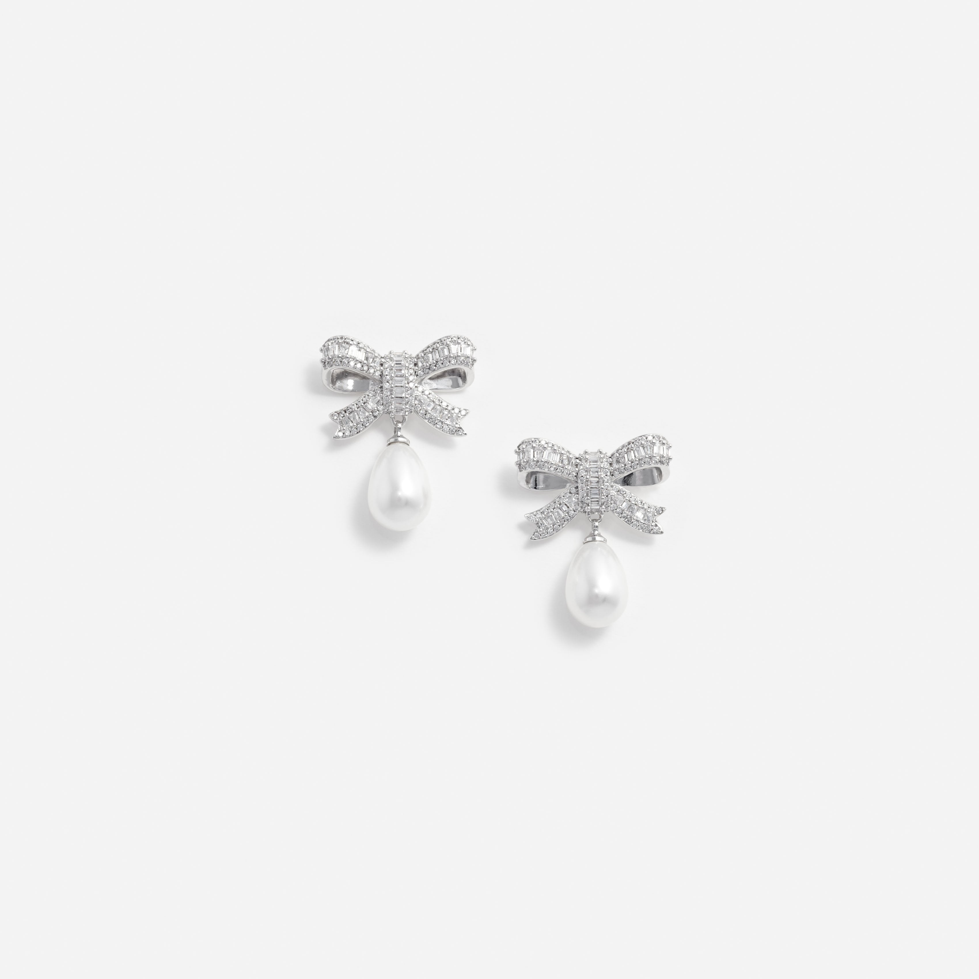 Crystal Bow Pearl Droplet Earrings