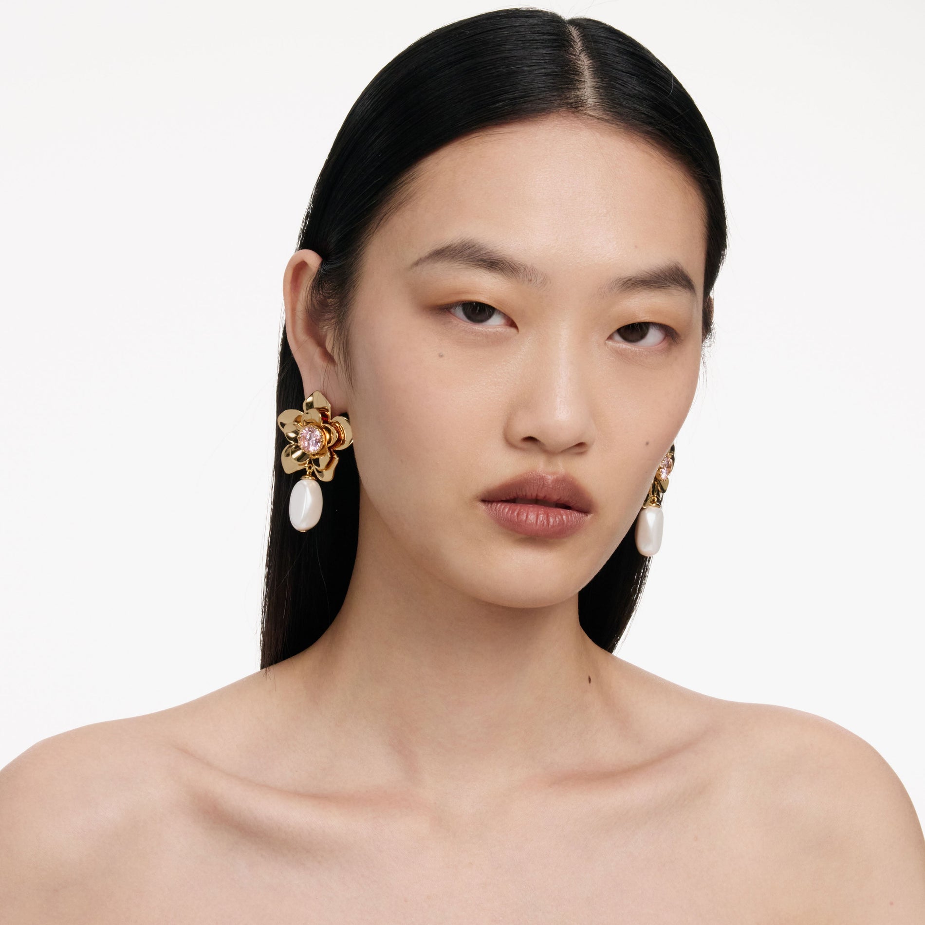 Gold Flower Pink Crystal Earrings