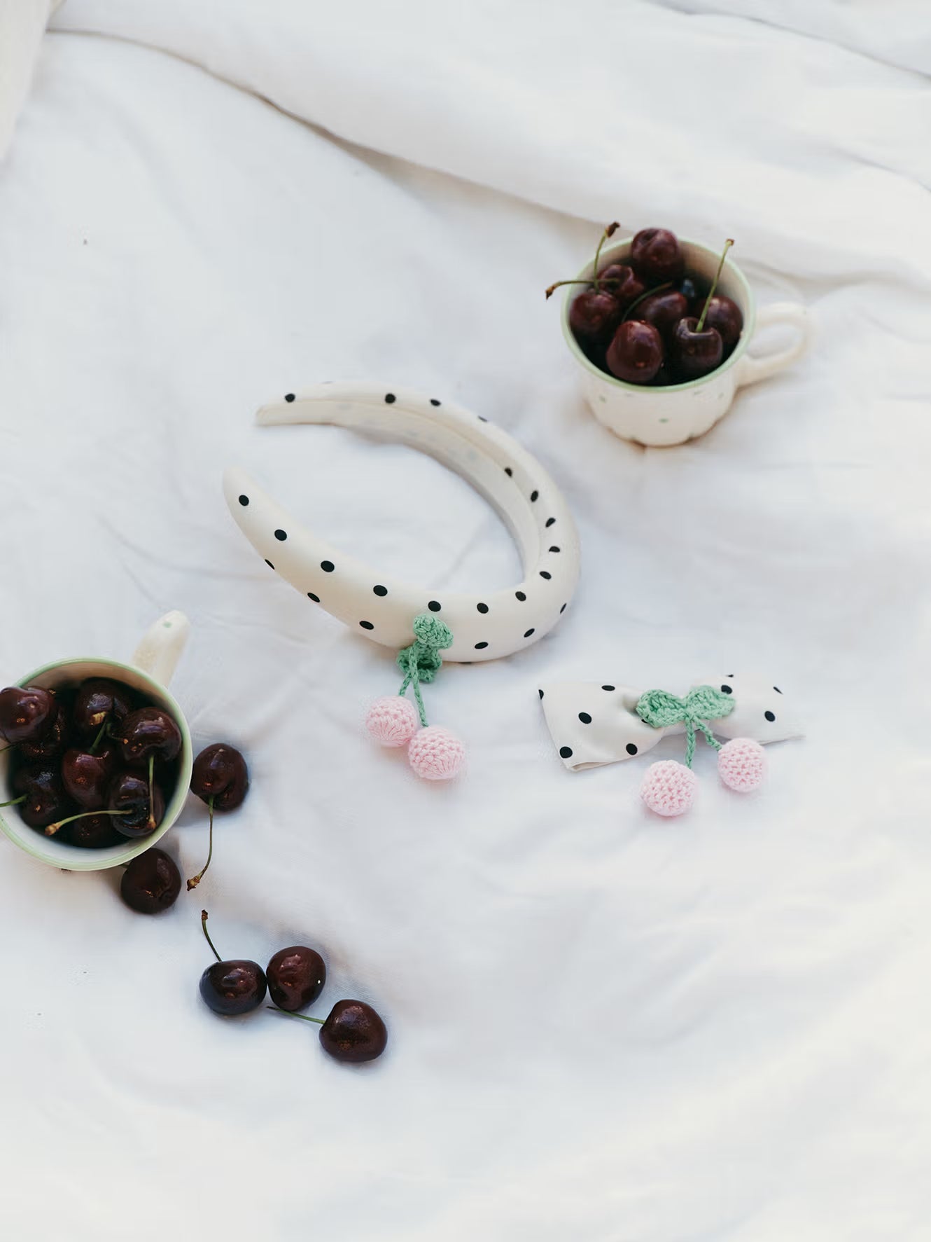 Cream Polka Dot Cherry Motif Headband