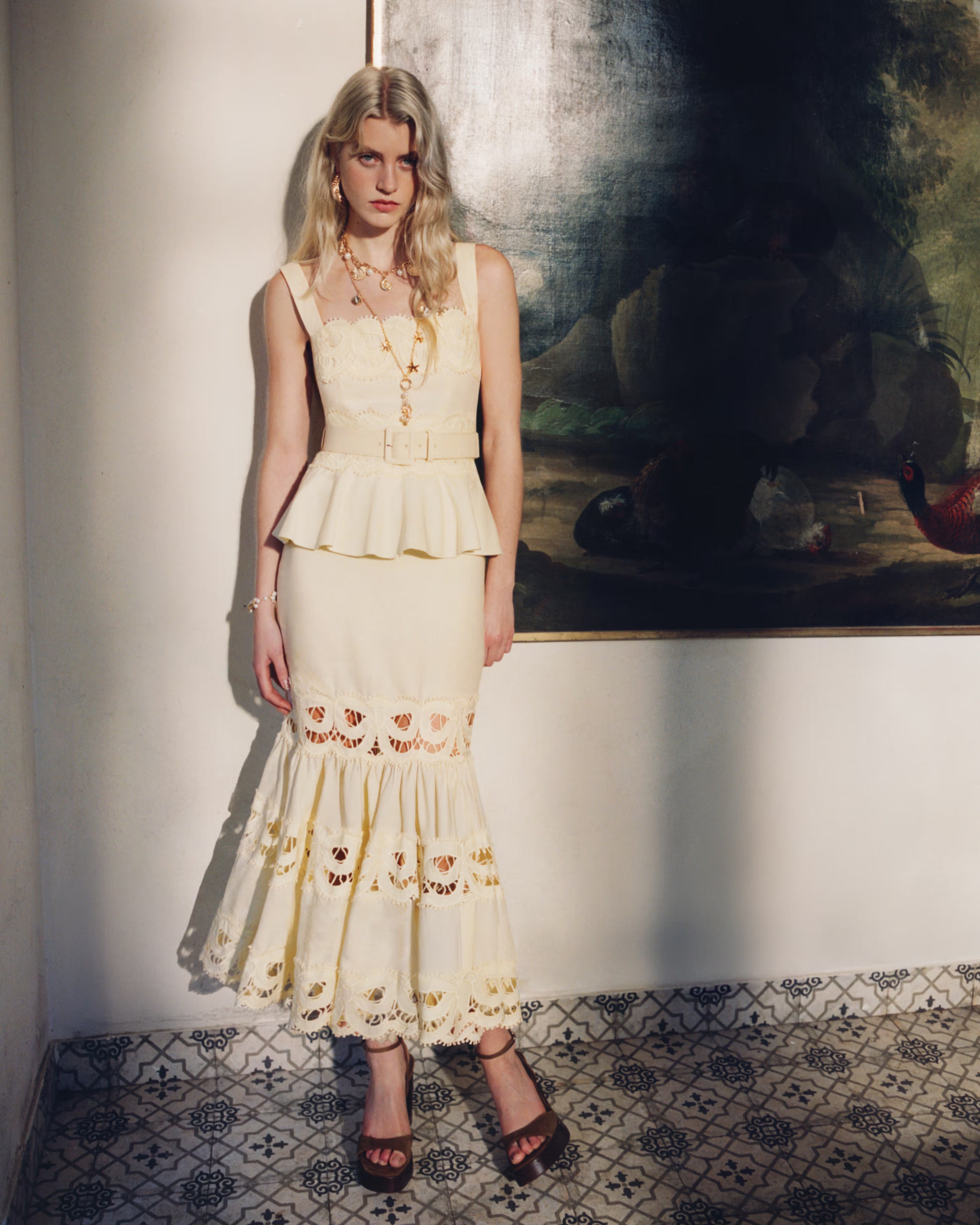 Yellow Linen Peplum Midi Dress