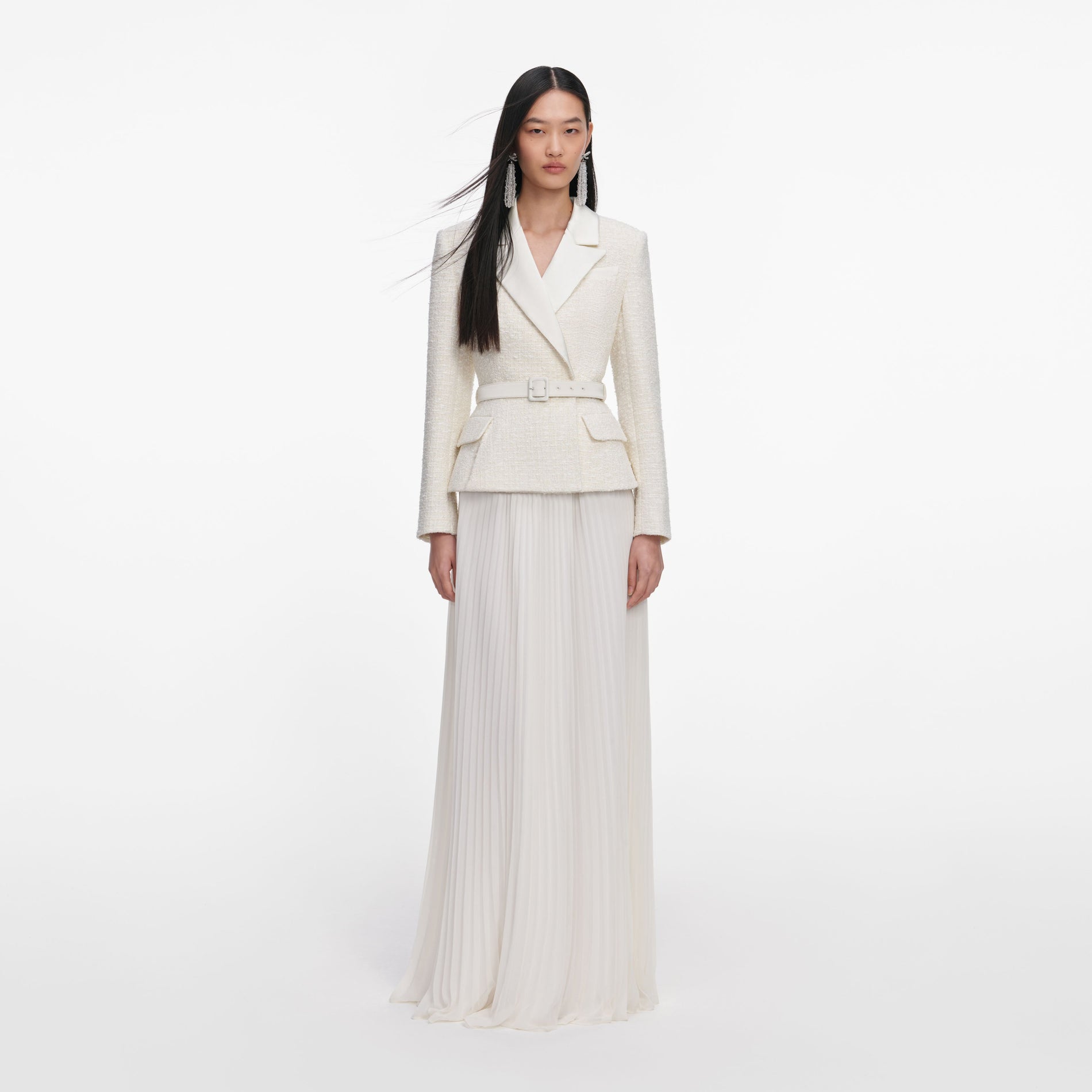 Front view of a woman wearing the Cream Tailored Boucle Chiffon Maxi Dress