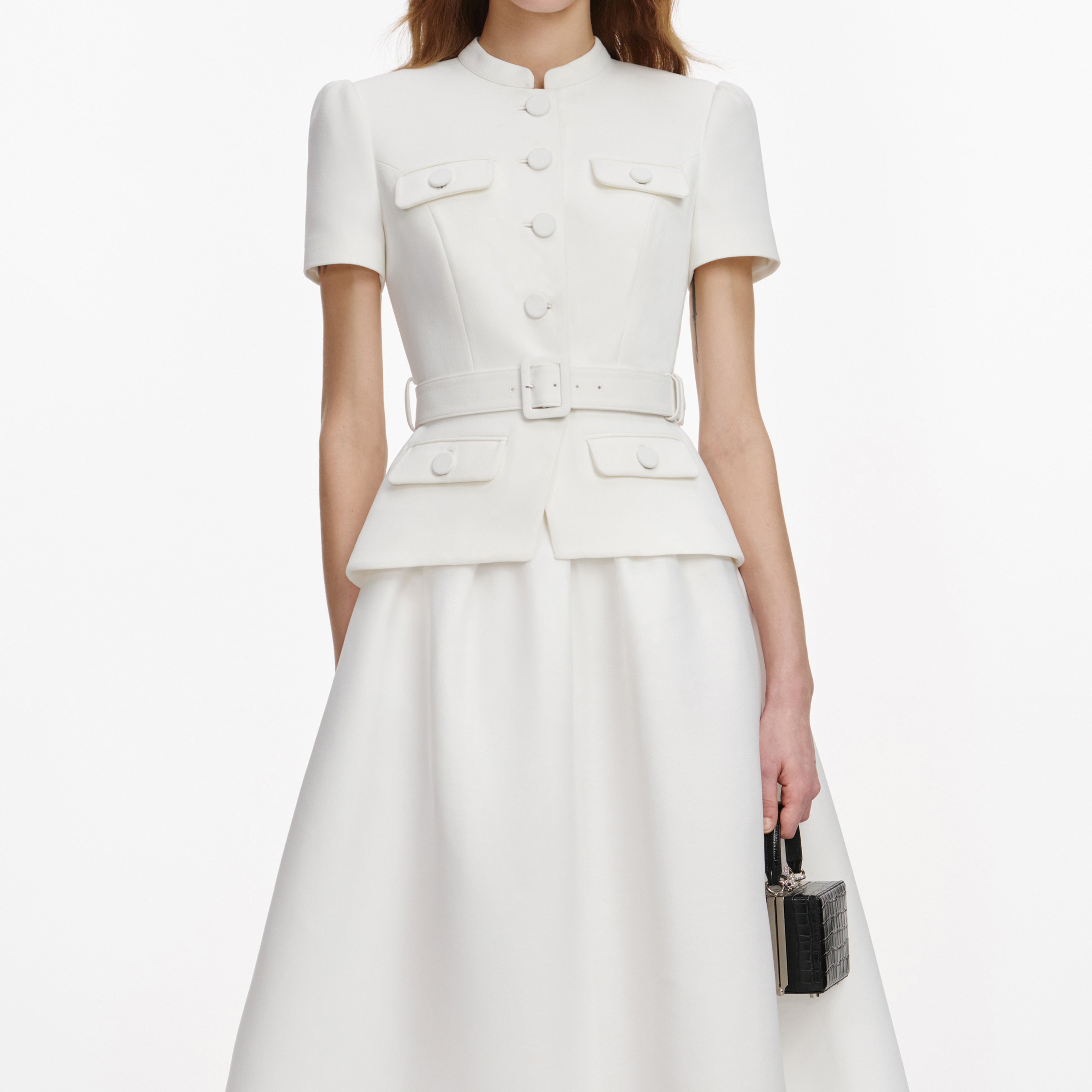 White Tailored Taffeta Midi Dress