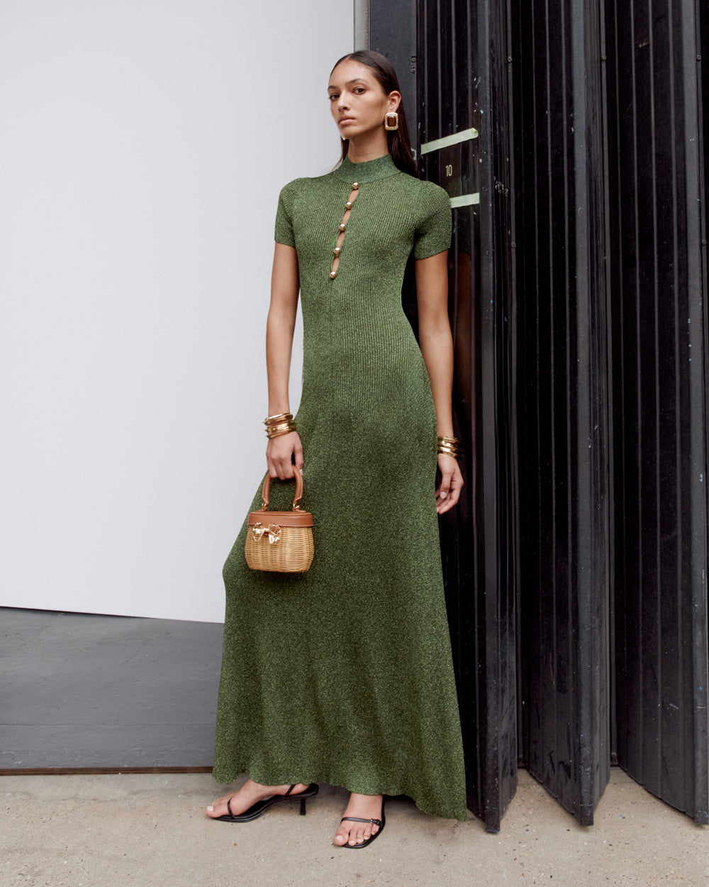 Khaki Lurex Knit Maxi Dress