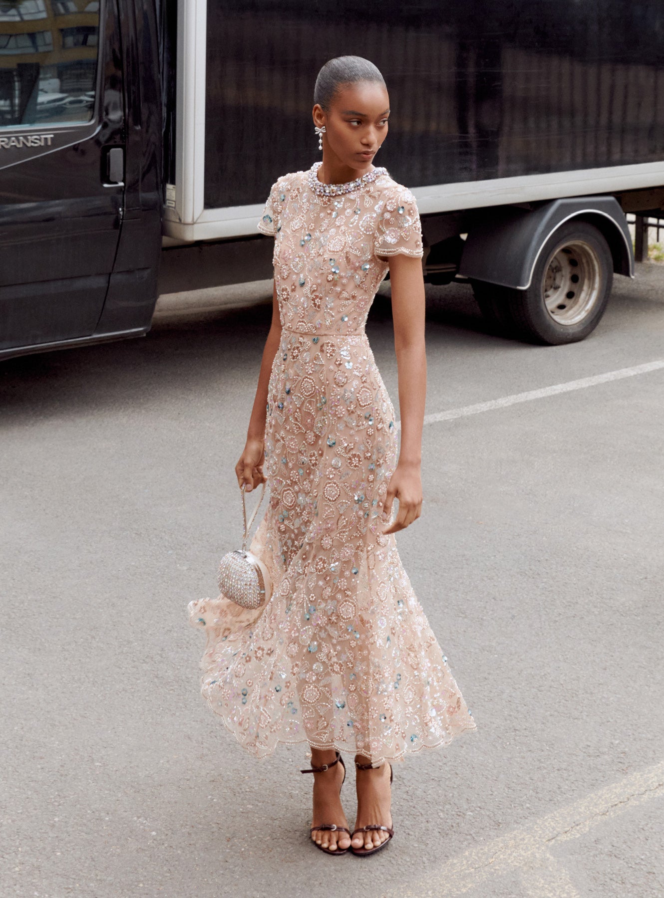 Champagne Sequin Embroidered Midi Dress