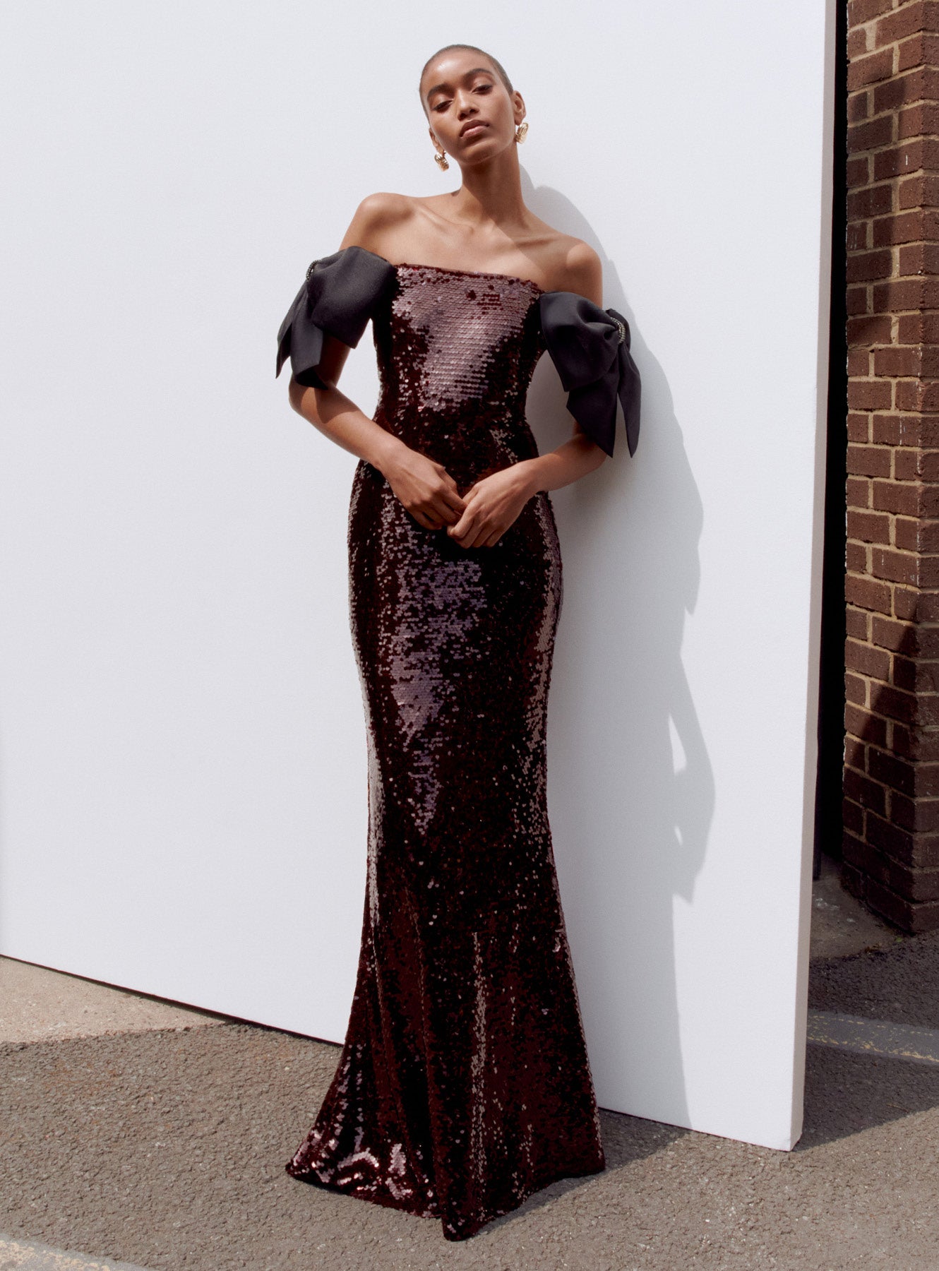 Brown Sequin Bow Maxi Dress