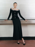 Black Chenille Knit Crystal Trim Midi Dress