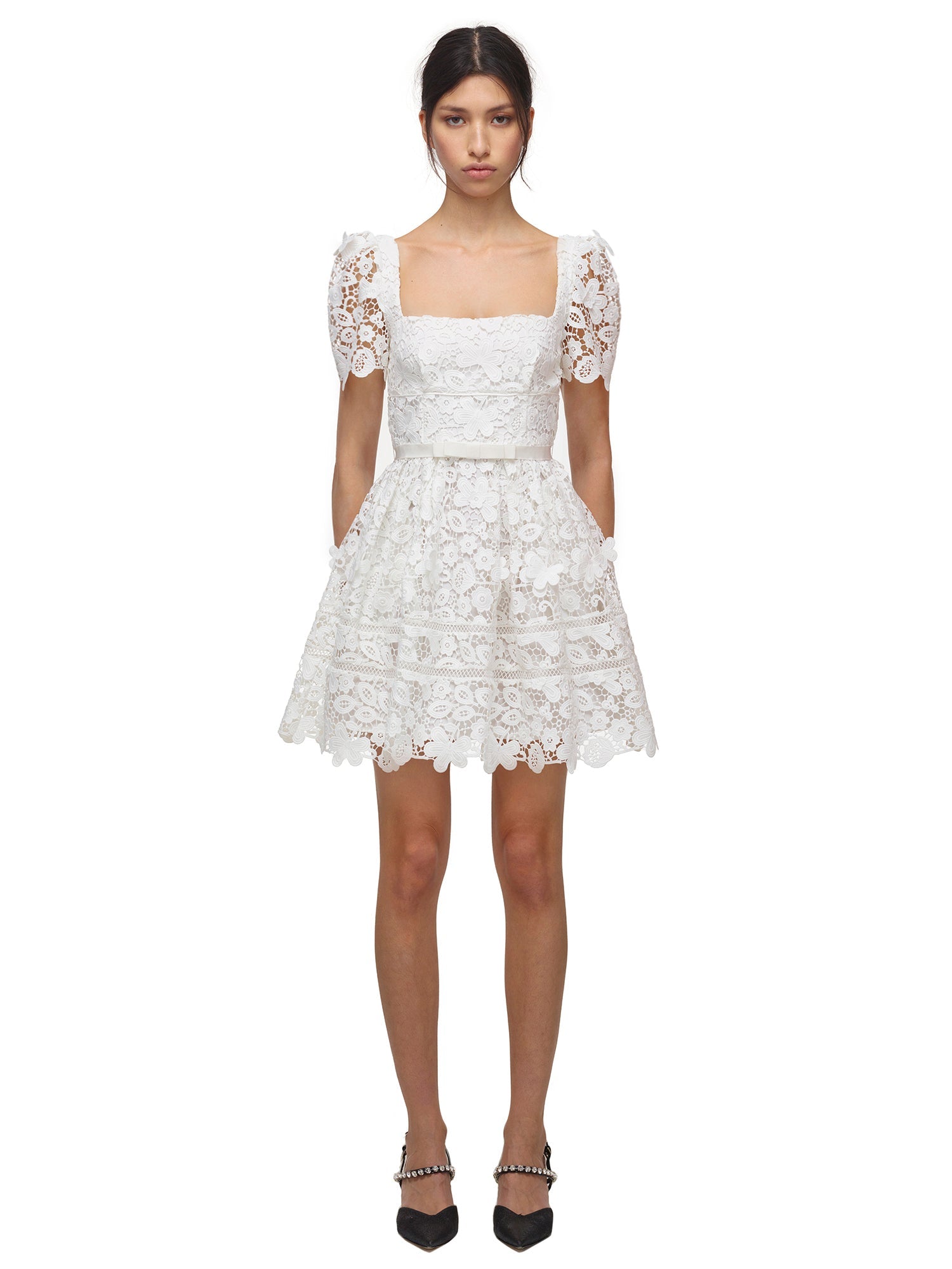 White Guipure Floral Lace Mini Dress