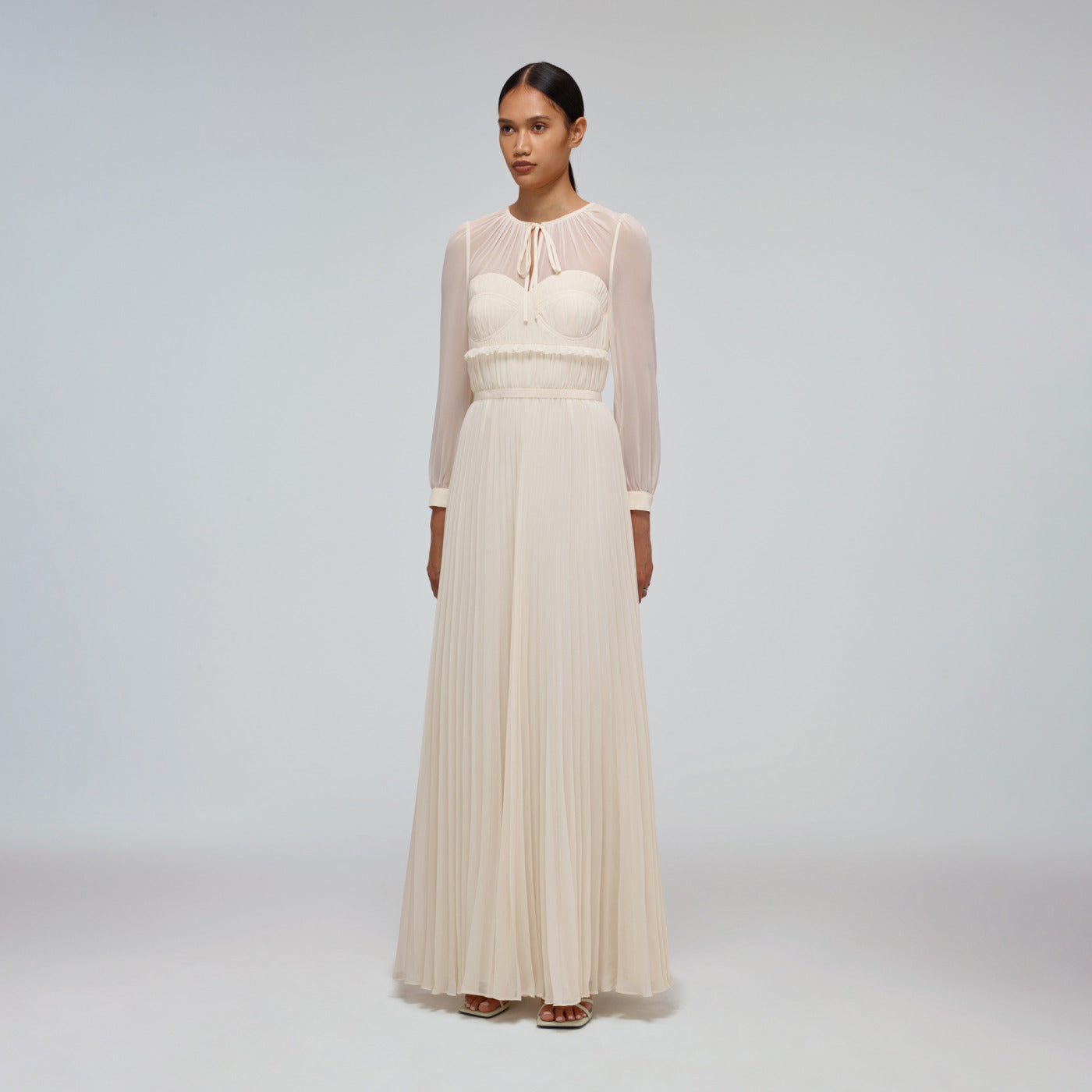 Ivory Chiffon Pleated Maxi Dress