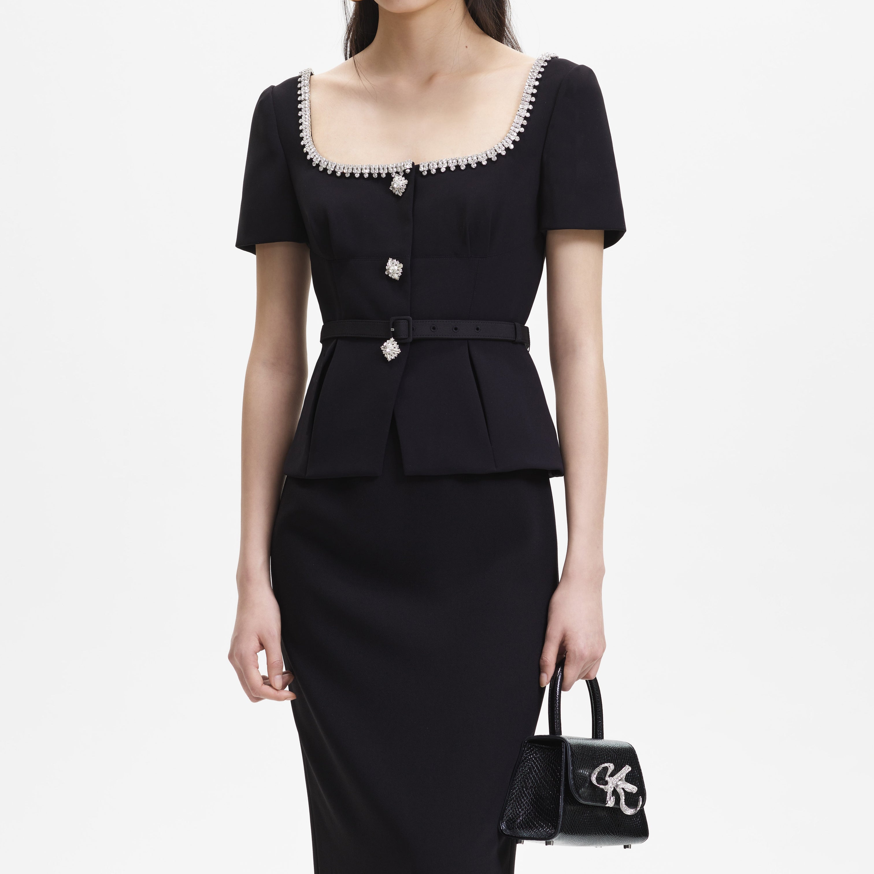 Black Bonded Crepe Midi Dress | self-portrait-US