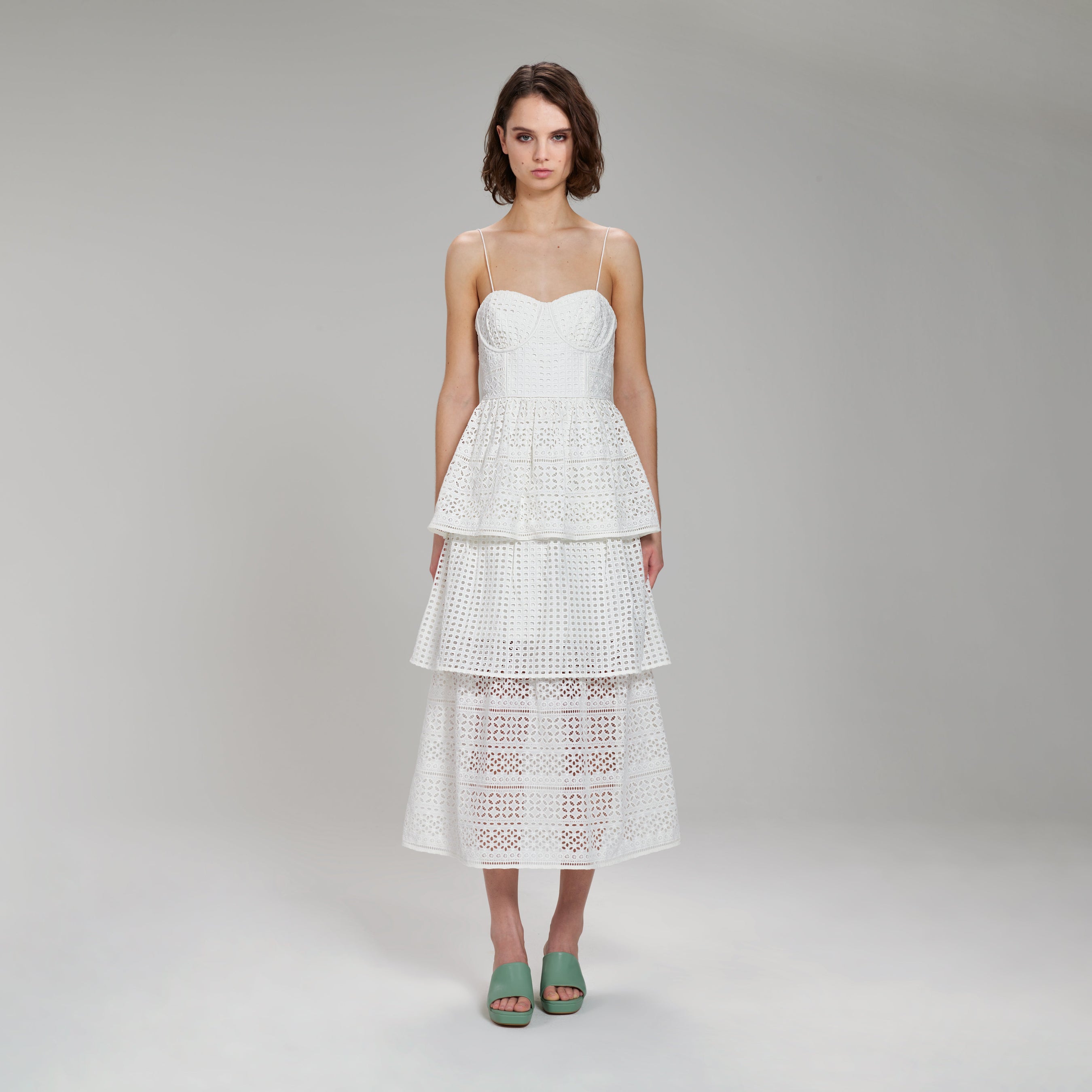 White Cotton Broderie Anglaise Midi Dress
