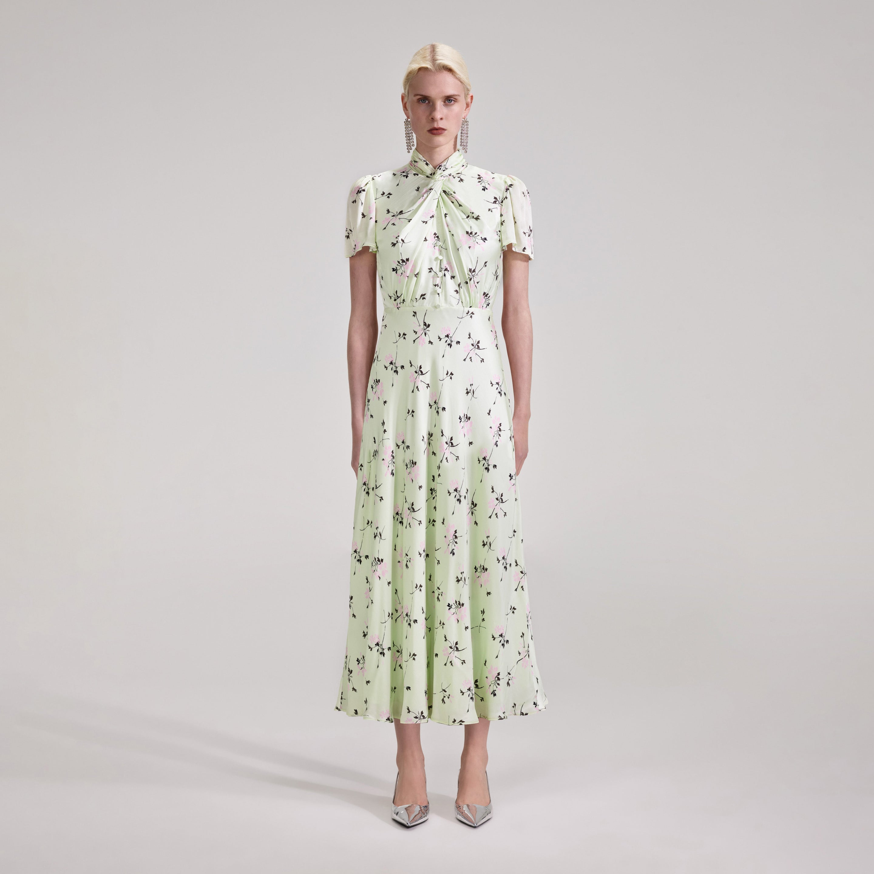 Green Floral Print Midi Dress – self-portrait-US