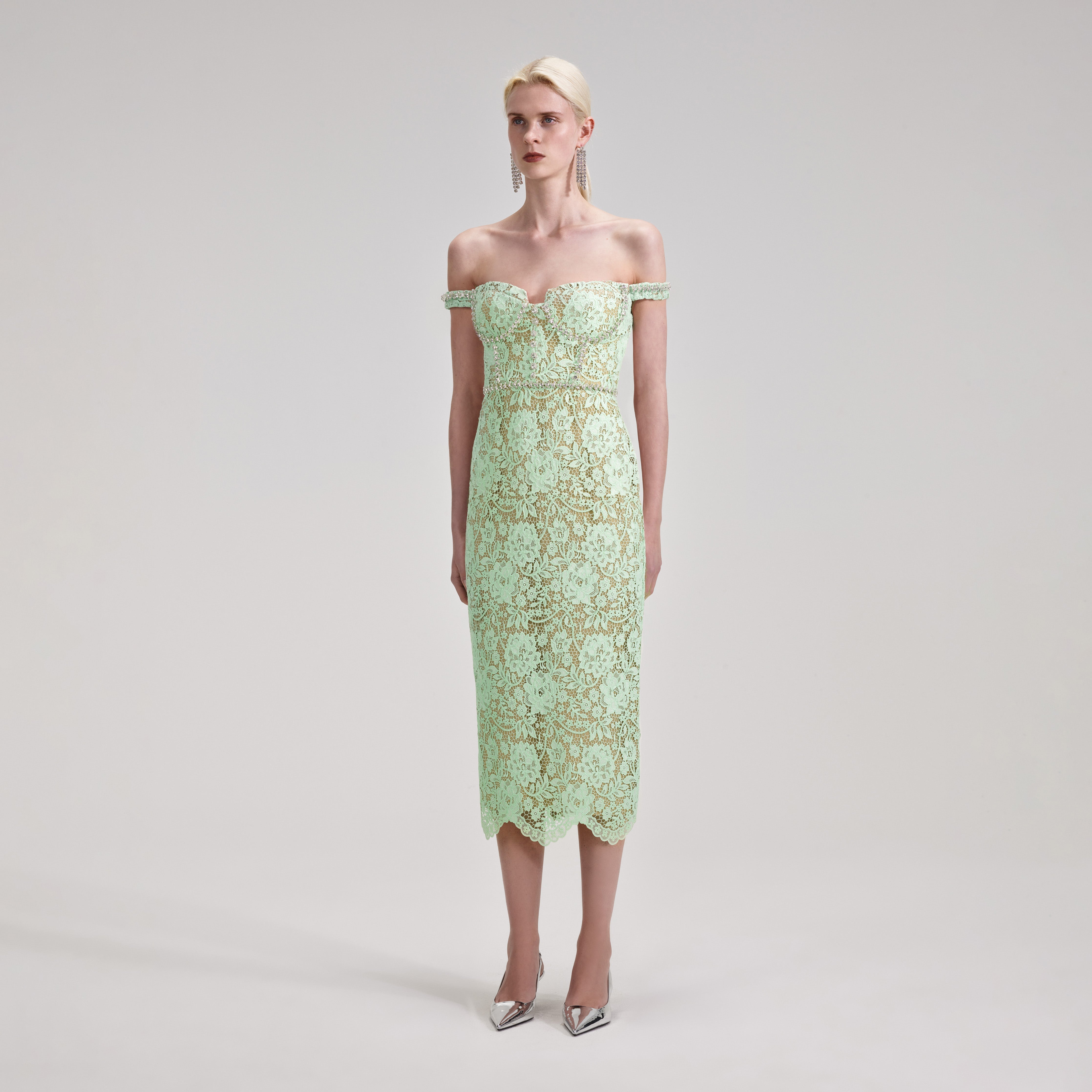 Warehouse green lace midi hot sale dress