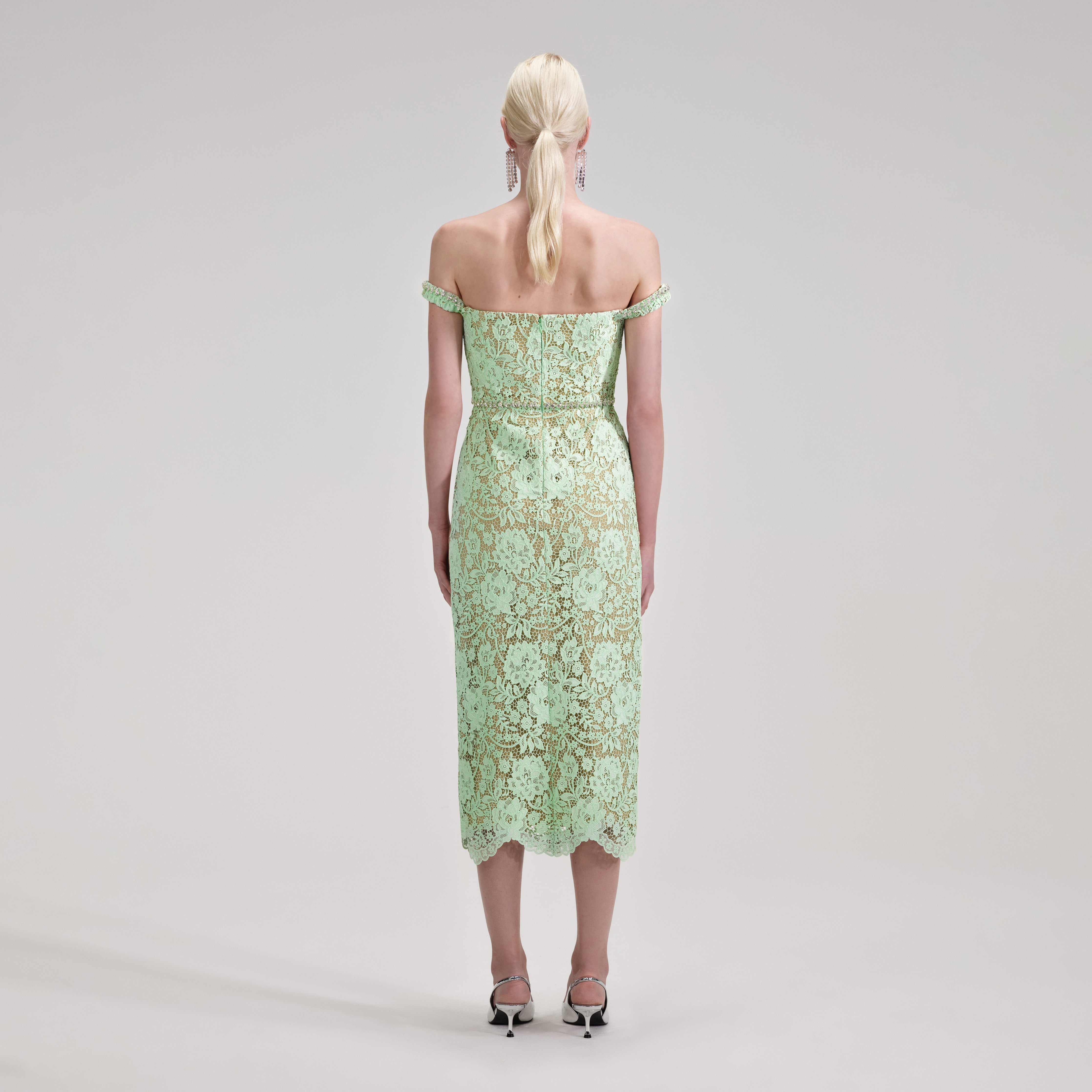 Green Cord Lace Diamante Midi Dress – self-portrait-US