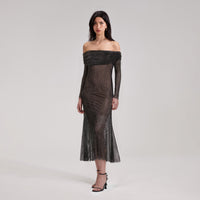 Black Rhinestone Fishnet Midi Dress