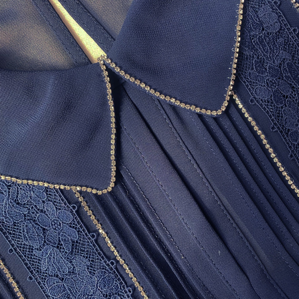 Navy Pleated Diamante Detail Midi Dress