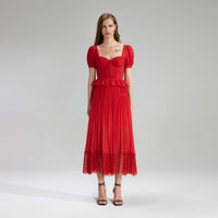 Red Short Sleeve Chiffon Midi Dress