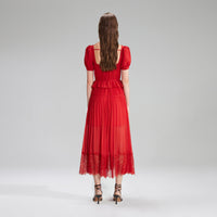 Red Short Sleeve Chiffon Midi Dress