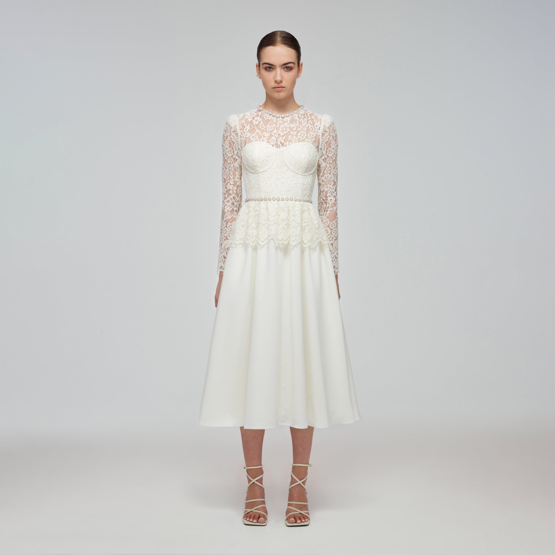Ivory Corded Lace Voluminous Skirt Midi Dress