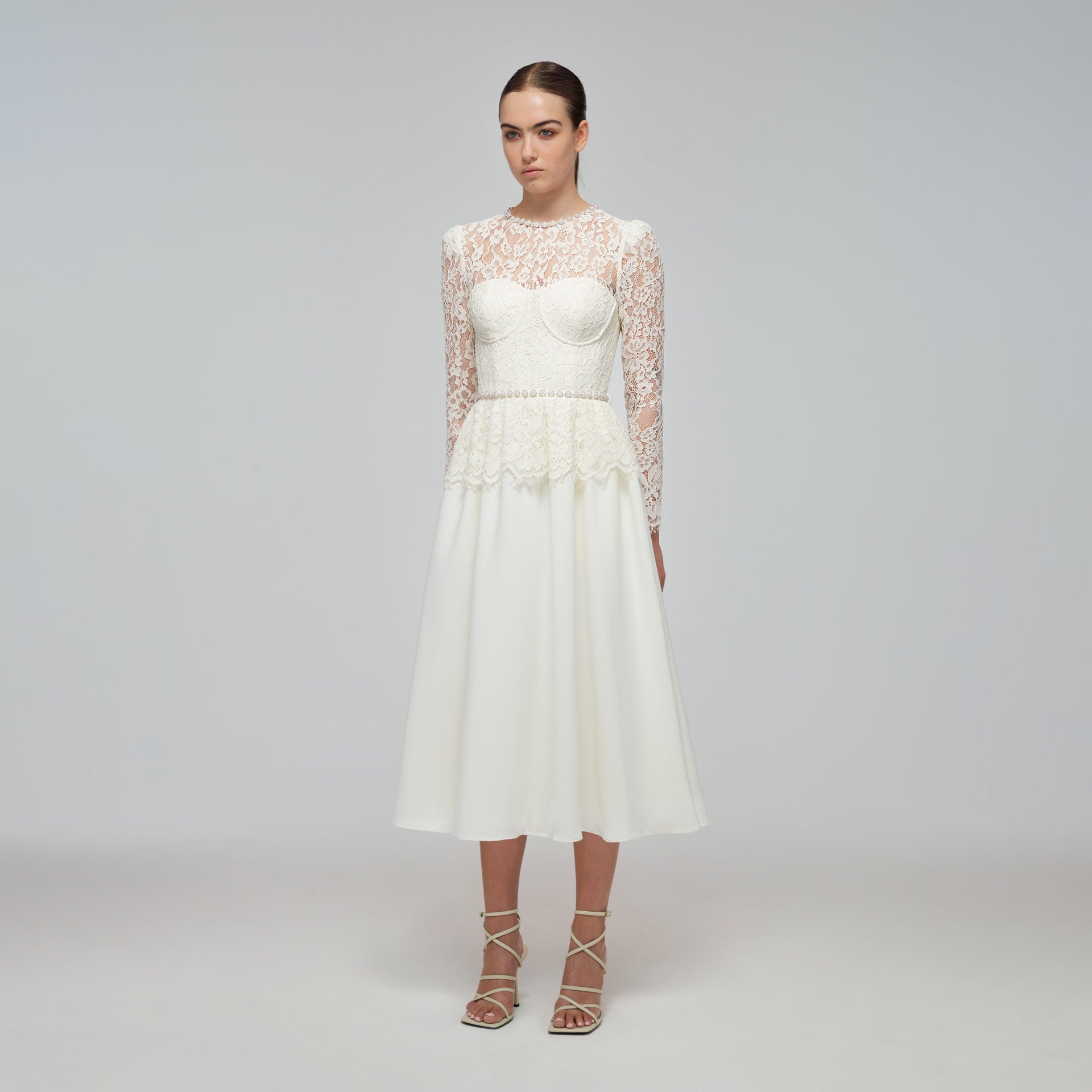 Ivory Corded Lace Voluminous Skirt Midi Dress