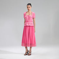 Pink Boucle Chiffon Midi Dress