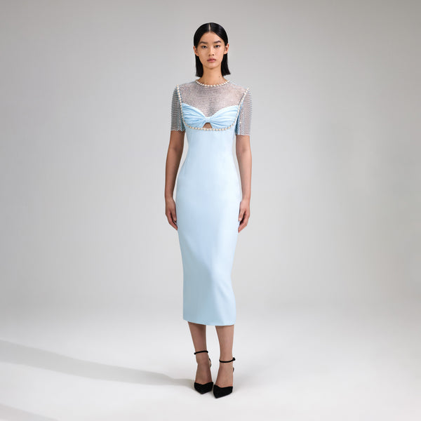 Blue Crepe Diamante Midi Dress – self-portrait-US