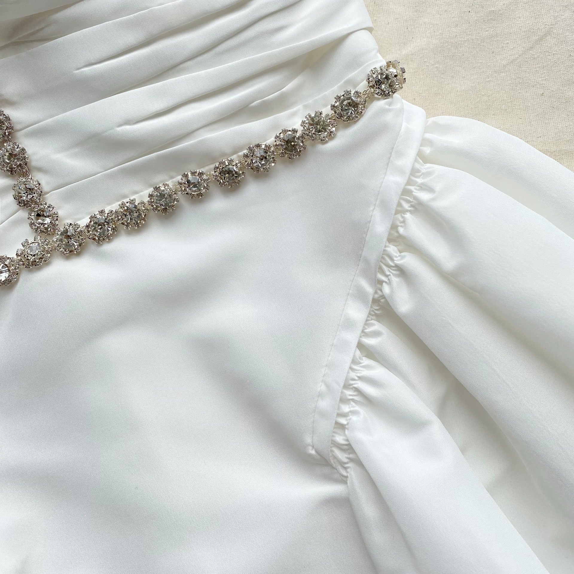 White Taffeta Diamante Trim Mini Dress