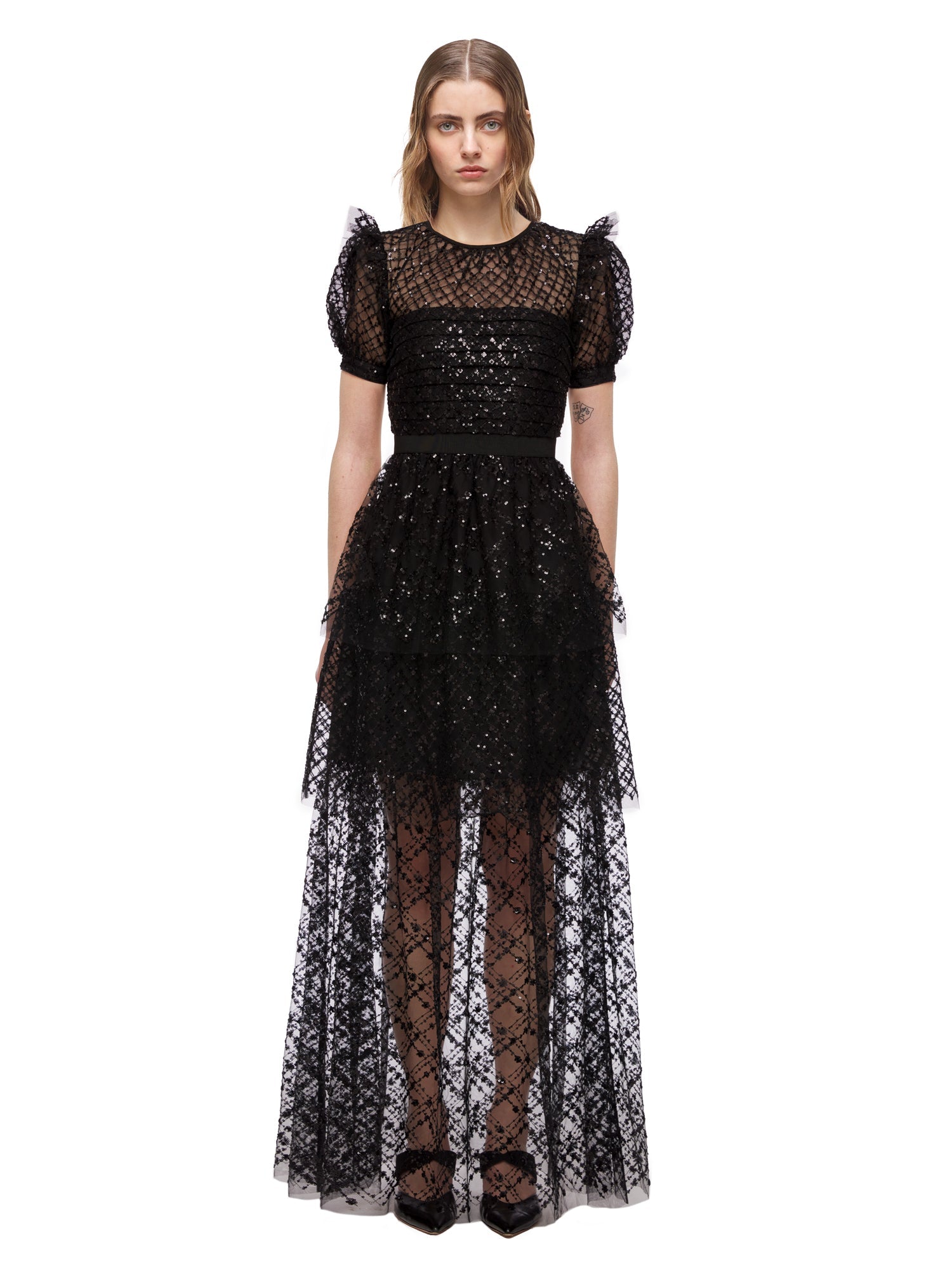 Black Grid Sequin Tiered Maxi Dress