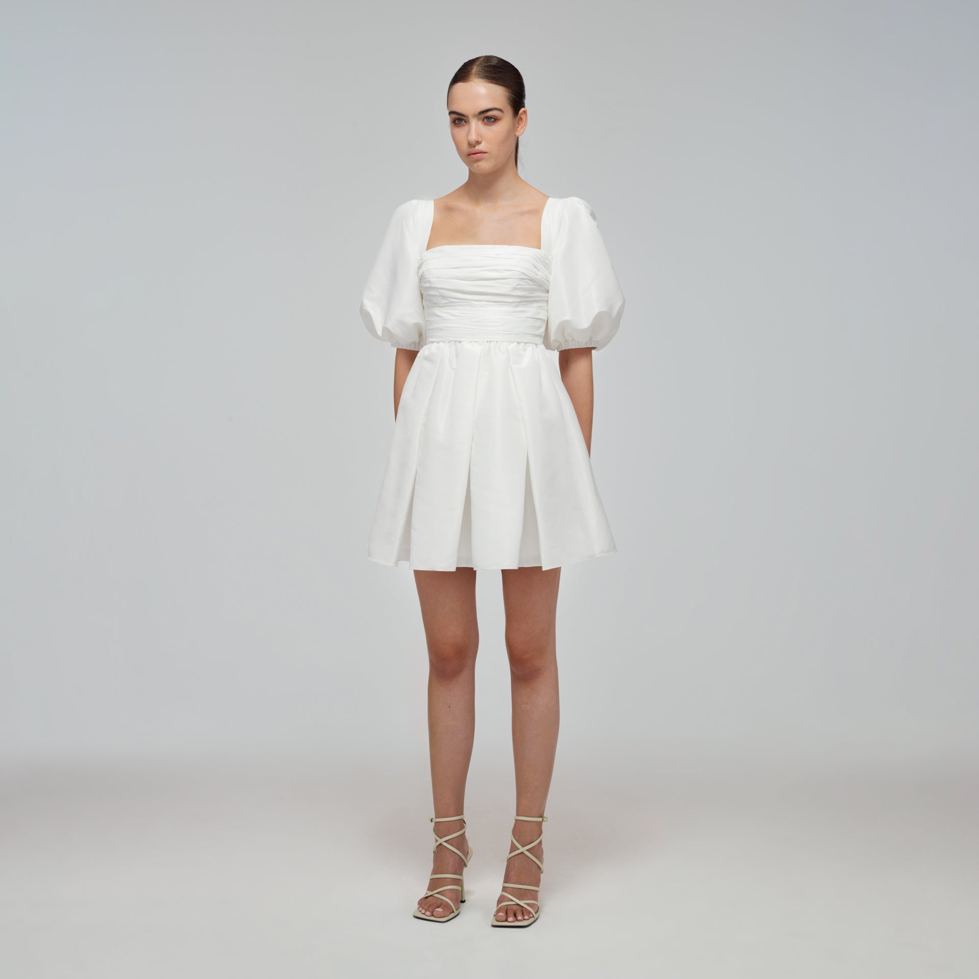 White Taffeta Puff Sleeve Mini Dress